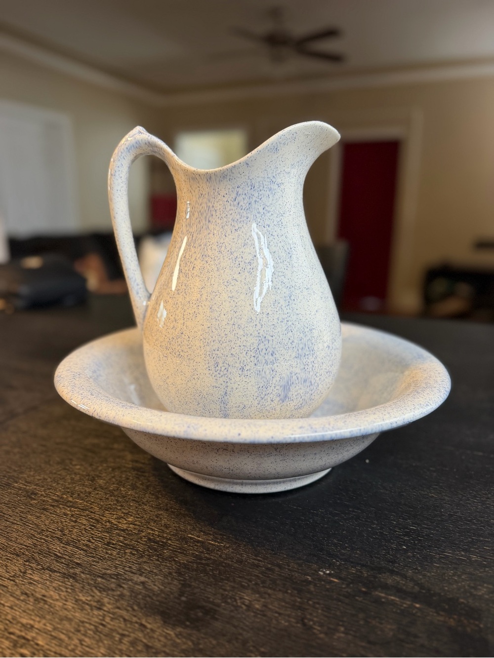 Robinson-Ransbottom Speckled White and Blue Pitcher with Basin